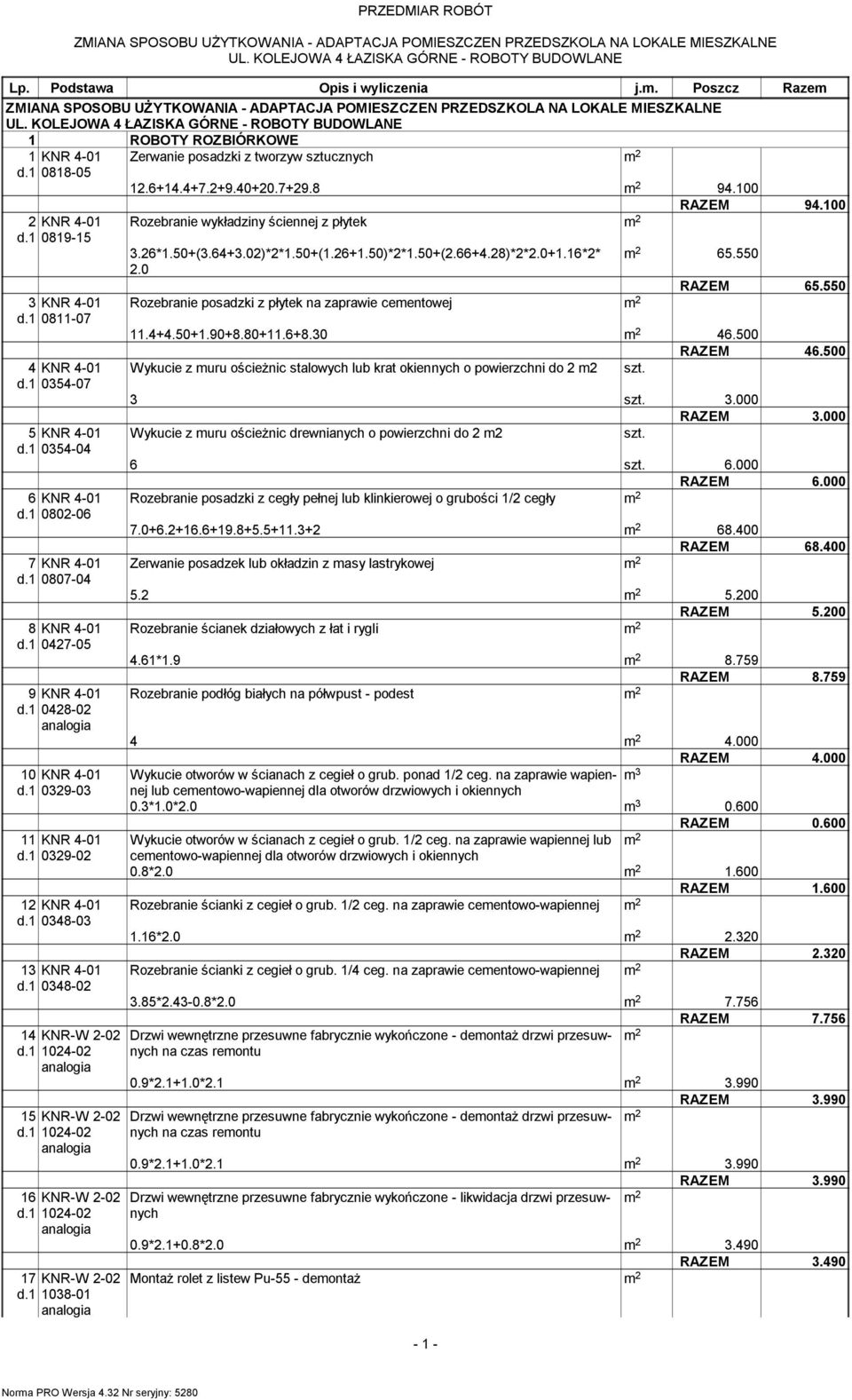 1 0348-02 14 KNR-W 2-02 15 KNR-W 2-02 16 KNR-W 2-02 17 KNR-W 2-02 d.1 1038-01 Zerwanie posadzki z tworzyw sztucznych 12.6+14.4+7.2+9.40+20.7+29.8 94.100 RAZEM 94.