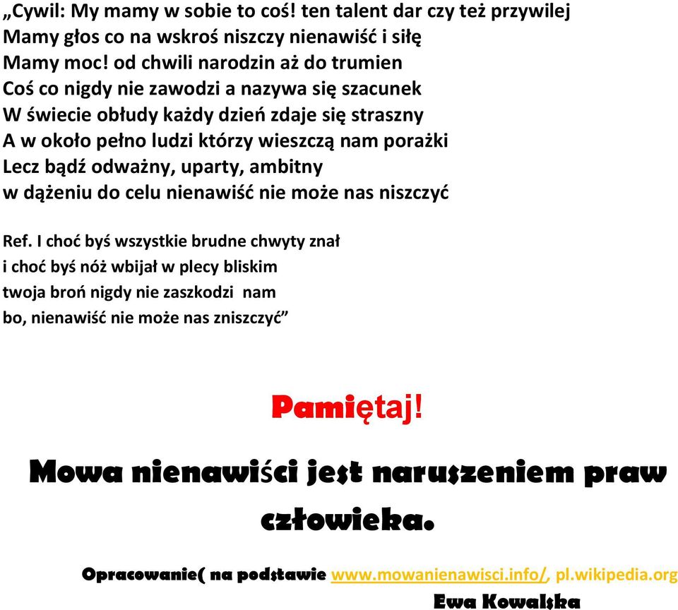 porażki Lecz bądź odważny, uparty, ambitny w dążeniu do celu nienawiść nie może nas niszczyć Ref.