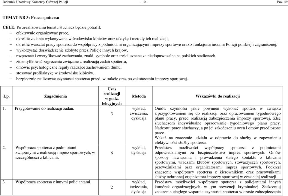 określić warsztat pracy spottersa do współpracy z podmiotami organizującymi imprezy sportowe oraz z funkcjonariuszami Policji polskiej i zagranicznej, wykorzystać doświadczenie zdobyte przez Policje