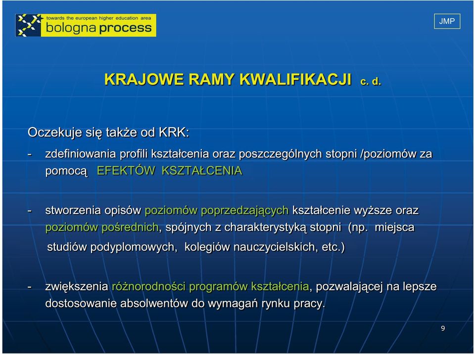 KSZTAŁCENIA - stworzenia opisów poziomów poprzedzających kształcenie wyższe oraz poziomów pośrednich, spójnych z