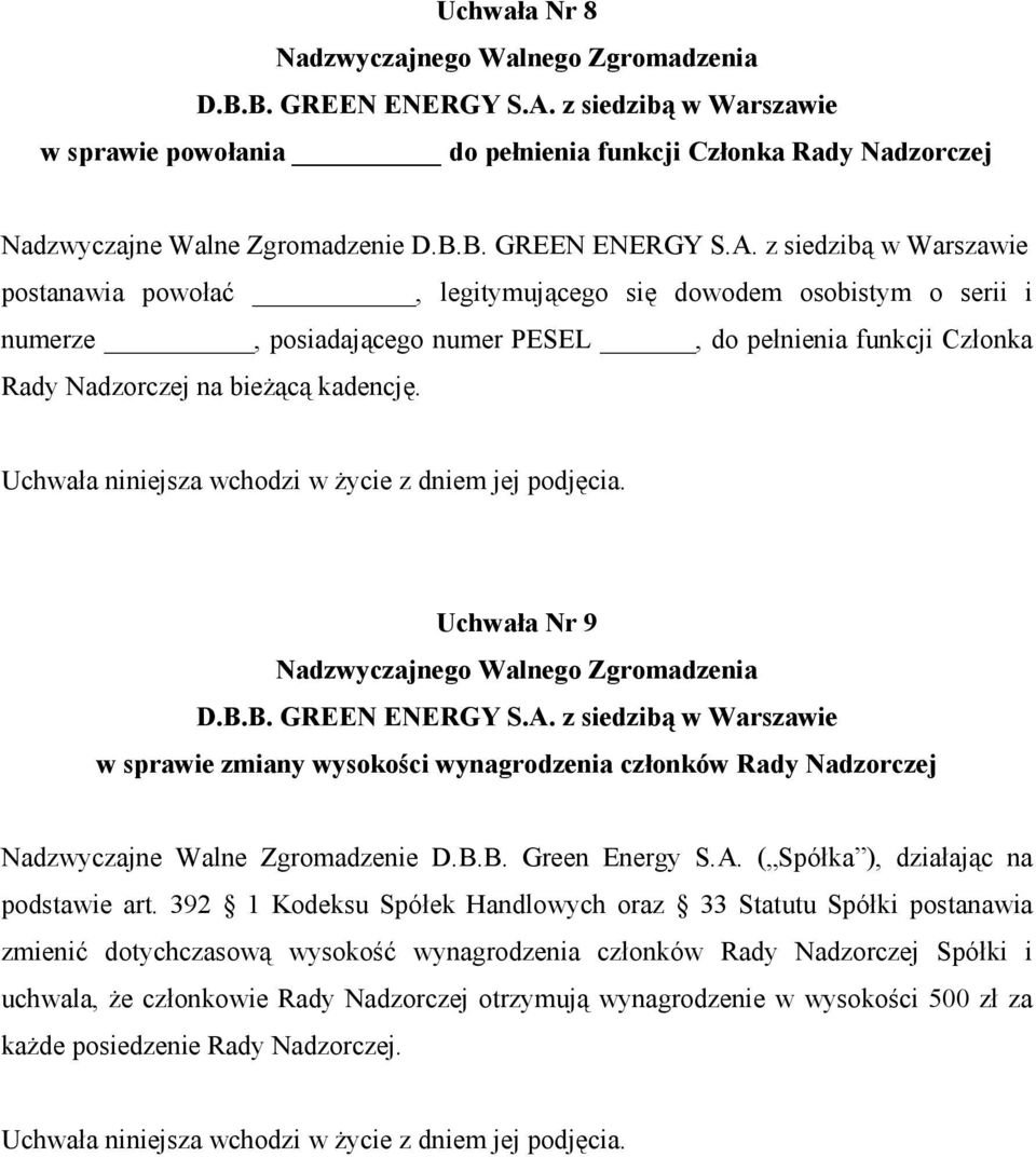 postanawia powołać, legitymującego się dowodem osobistym o serii i numerze, posiadającego numer PESEL, do pełnienia funkcji Członka Rady Nadzorczej na bieżącą kadencję.