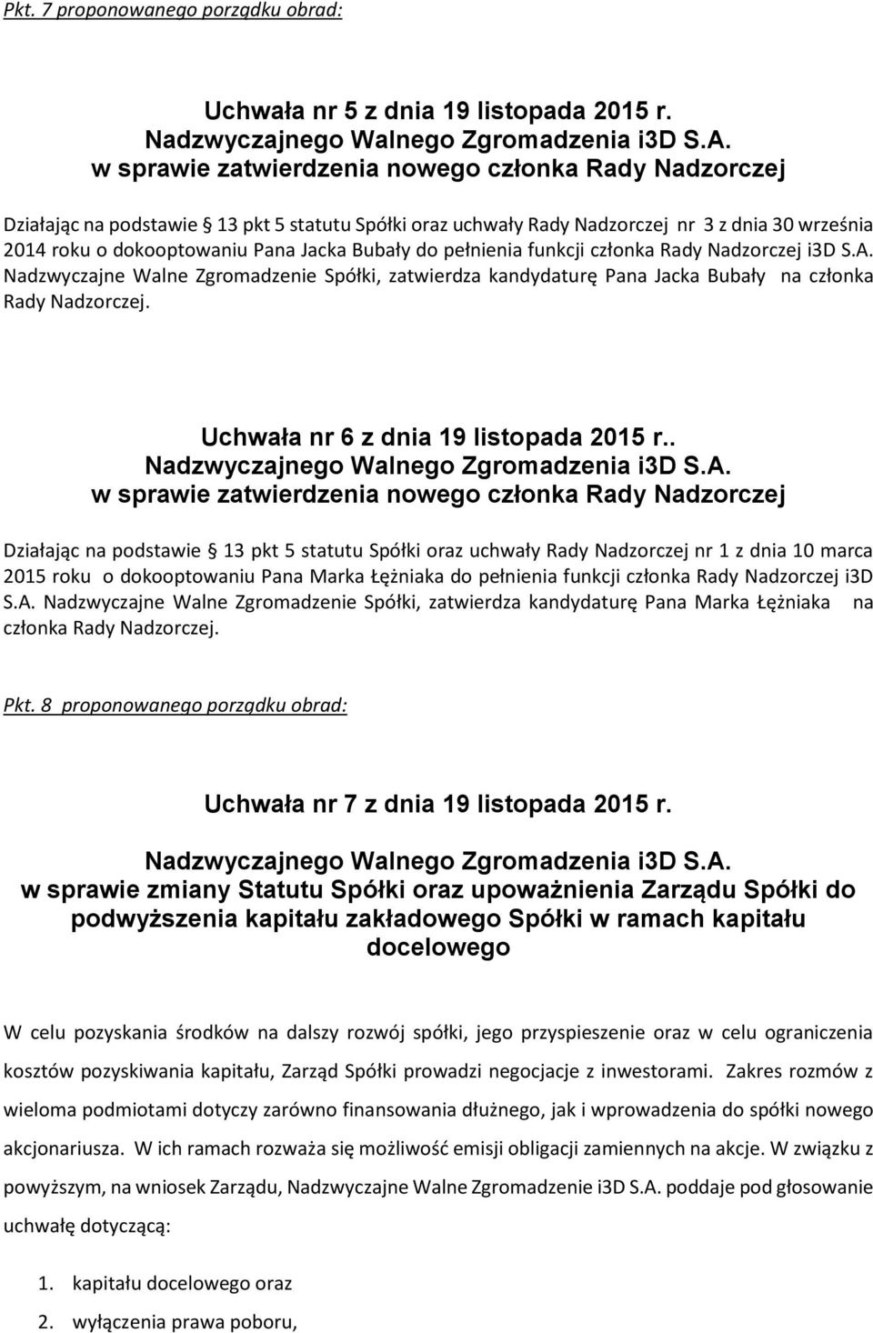 do pełnienia funkcji członka Rady Nadzorczej i3d S.A. Nadzwyczajne Walne Zgromadzenie Spółki, zatwierdza kandydaturę Pana Jacka Bubały na członka Rady Nadzorczej.