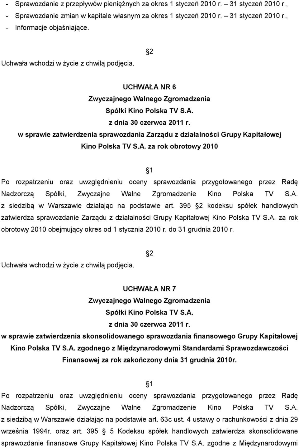 A. z siedzibą w Warszawie działając na podstawie art. 395 kodeksu spółek handlowych zatwierdza sprawozdanie Zarządu z działalności Grupy Kapitałowej Kino Polska TV S.A. za rok obrotowy 2010 obejmujący okres od 1 stycznia 2010 r.