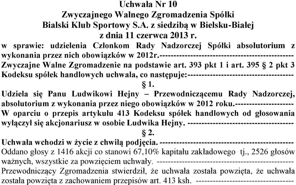 395 2 pkt 3 Kodeksu spółek handlowych uchwala, co następuje: -------------------------------------- Udziela się Panu Ludwikowi Hejny Przewodniczącemu Rady Nadzorczej, absolutorium z wykonania przez