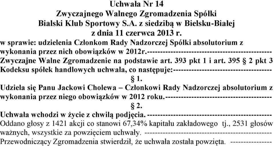 395 2 pkt 3 Kodeksu spółek handlowych uchwala, co następuje: -------------------------------------- Udziela się Panu Jackowi Cholewa Członkowi Rady Nadzorczej