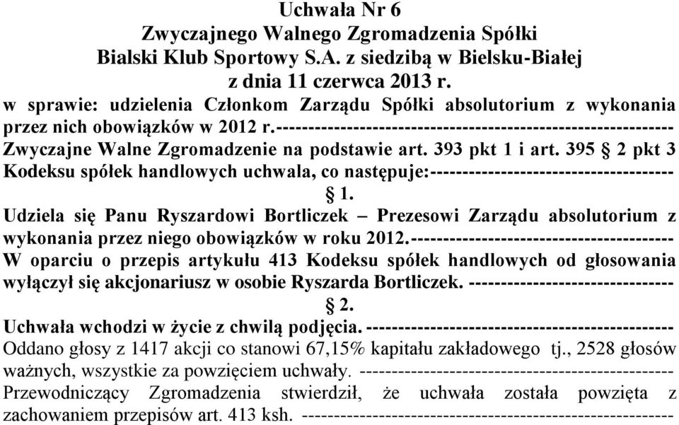 395 2 pkt 3 Kodeksu spółek handlowych uchwala, co następuje: -------------------------------------- Udziela się Panu Ryszardowi Bortliczek Prezesowi Zarządu absolutorium z wykonania przez niego