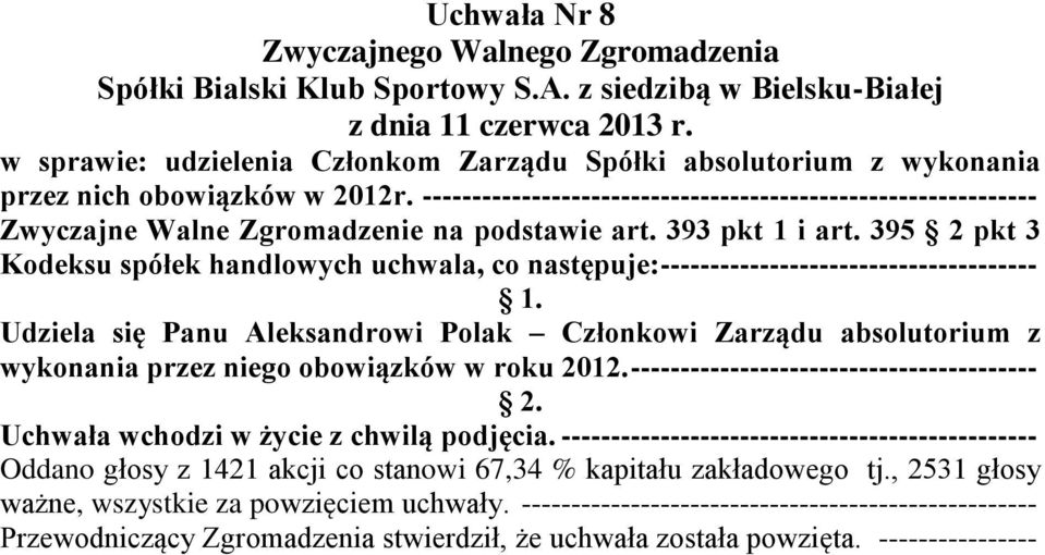 395 2 pkt 3 Kodeksu spółek handlowych uchwala, co następuje: -------------------------------------- Udziela się Panu Aleksandrowi Polak Członkowi Zarządu absolutorium z wykonania przez niego