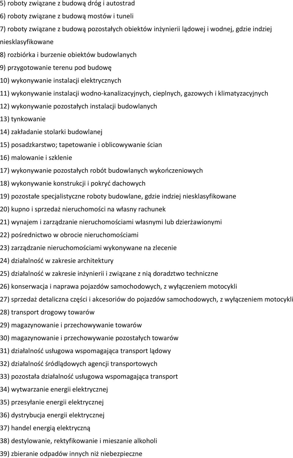 klimatyzacyjnych 12) wykonywanie pozostałych instalacji budowlanych 13) tynkowanie 14) zakładanie stolarki budowlanej 15) posadzkarstwo; tapetowanie i oblicowywanie ścian 16) malowanie i szklenie 17)