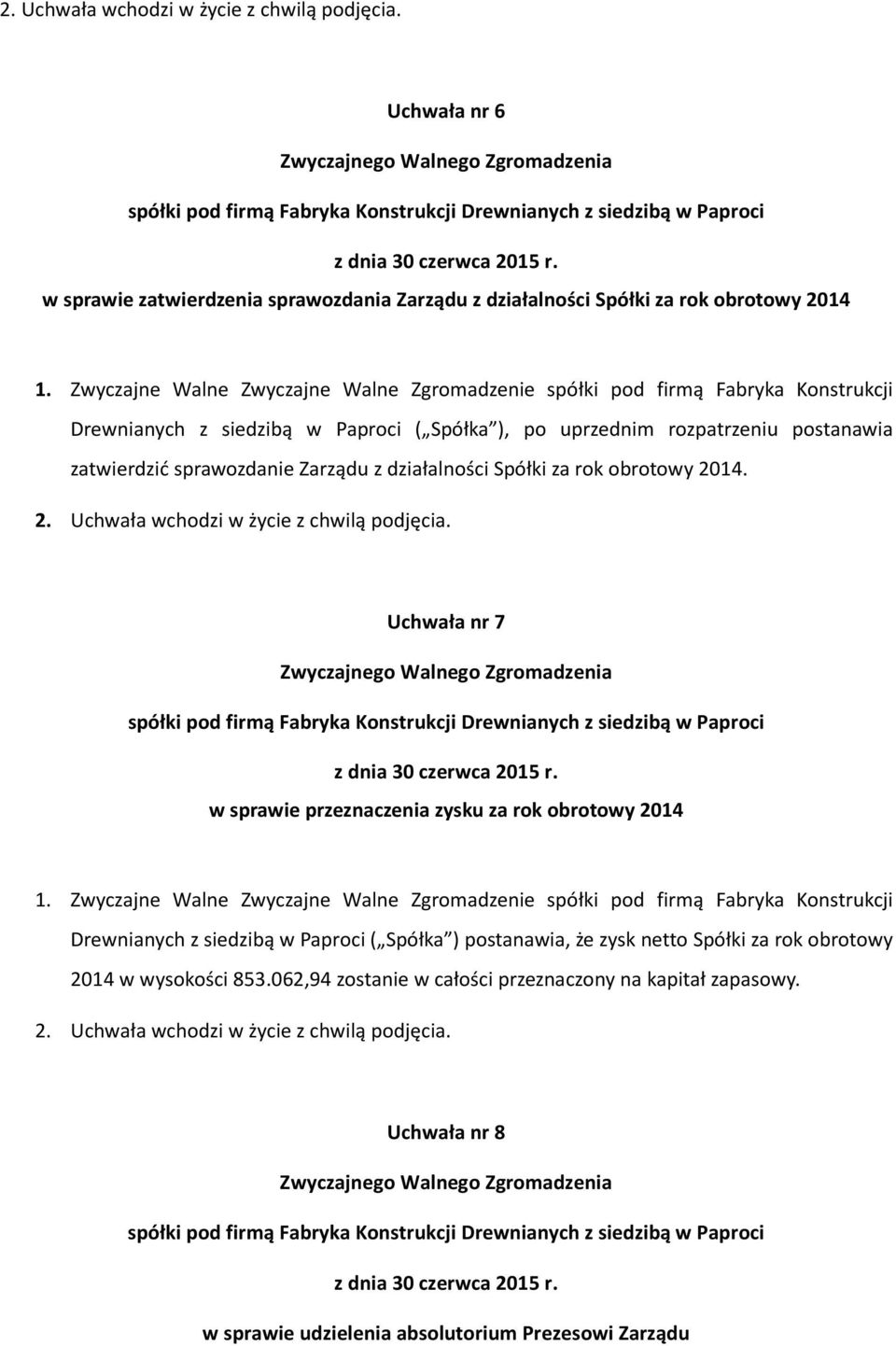 sprawozdanie Zarządu z działalności Spółki za rok obrotowy 2014. Uchwała nr 7 w sprawie przeznaczenia zysku za rok obrotowy 2014 1.