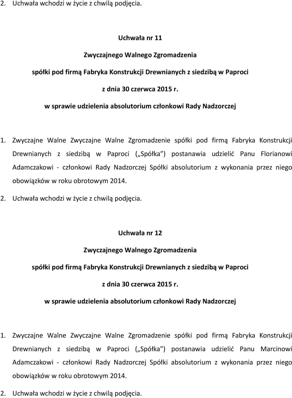 członkowi Rady Nadzorczej Spółki absolutorium z wykonania przez niego obowiązków w roku obrotowym 2014.