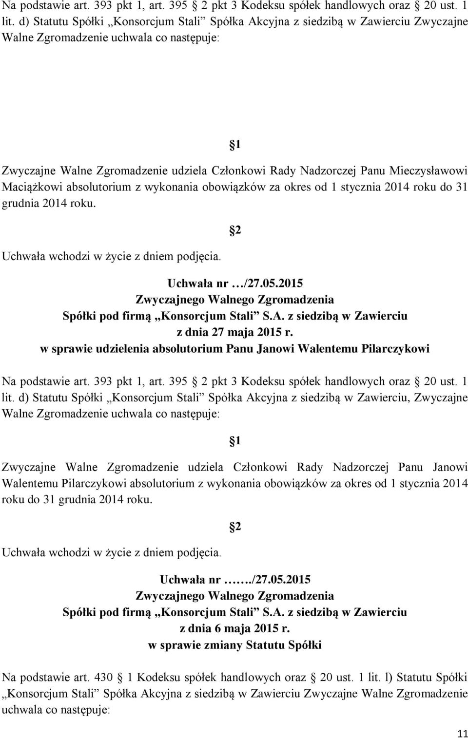 Mieczysławowi Maciążkowi absolutorium z wykonania obowiązków za okres od 1 stycznia 2014 roku do 31 grudnia 2014 roku.