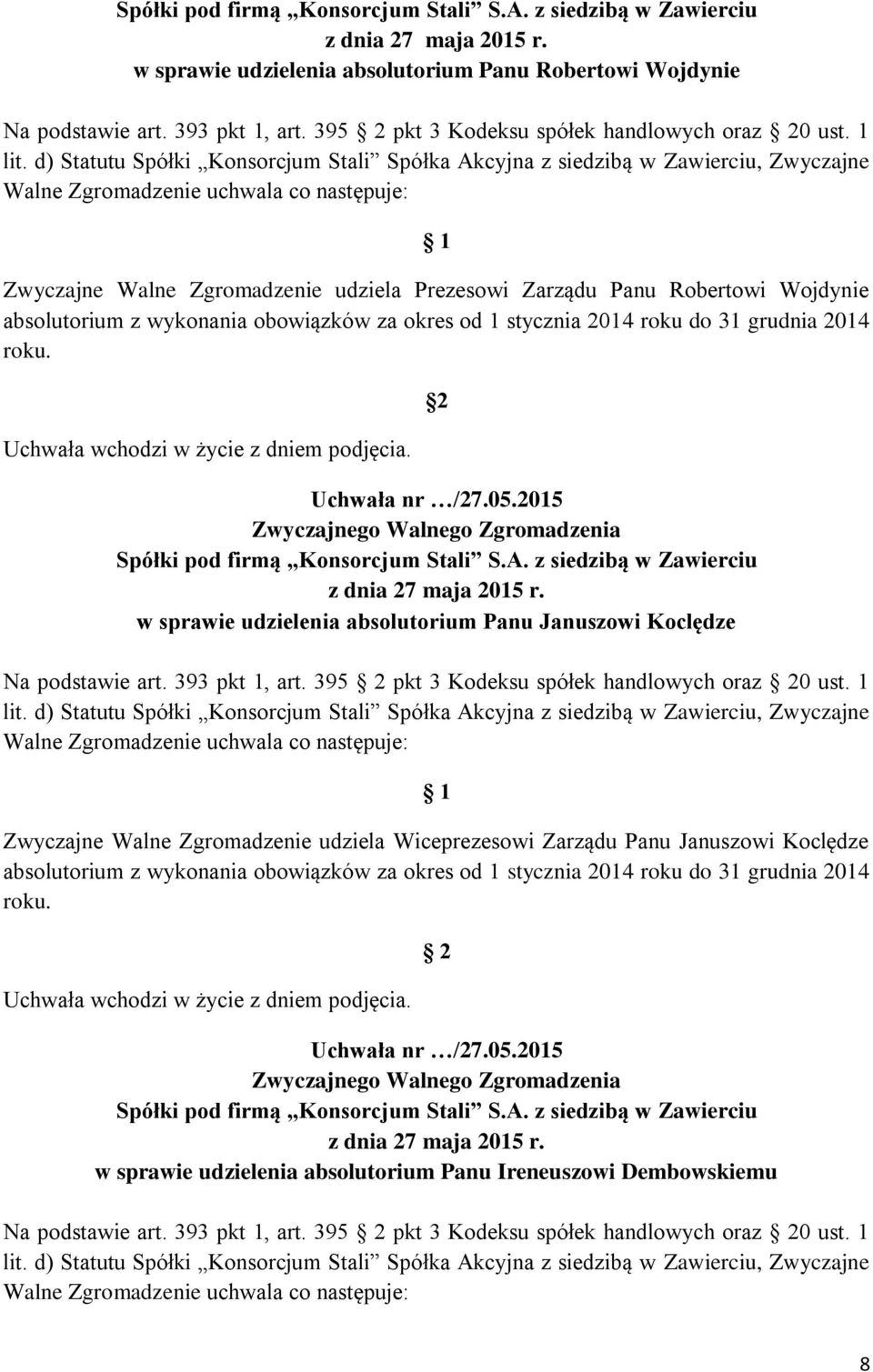 Wojdynie absolutorium z wykonania obowiązków za okres od 1 stycznia 2014 roku do 31 grudnia 2014 roku. w sprawie udzielenia absolutorium Panu Januszowi Koclędze Na podstawie art. 393 pkt 1, art.