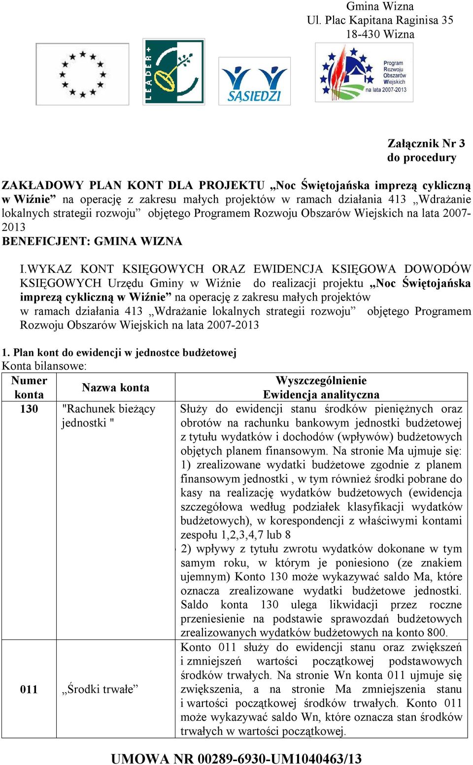 WYKAZ KONT KSIĘGOWYCH ORAZ EWIDENCJA KSIĘGOWA DOWODÓW KSIĘGOWYCH Urzędu Gminy w Wiźnie do realizacji projektu Noc Świętojańska imprezą cykliczną w Wiźnie na operację z zakresu małych projektów w