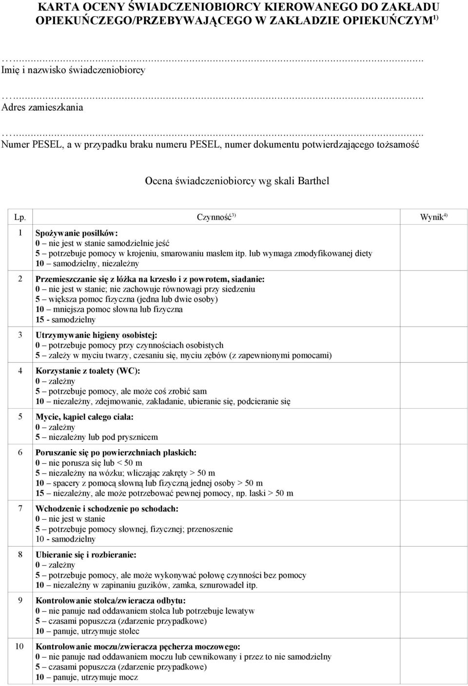 Czynność 3) Wynik 4) 1 Spożywanie posiłków: 0 nie jest w stanie samodzielnie jeść 5 potrzebuje pomocy w krojeniu, smarowaniu masłem itp.