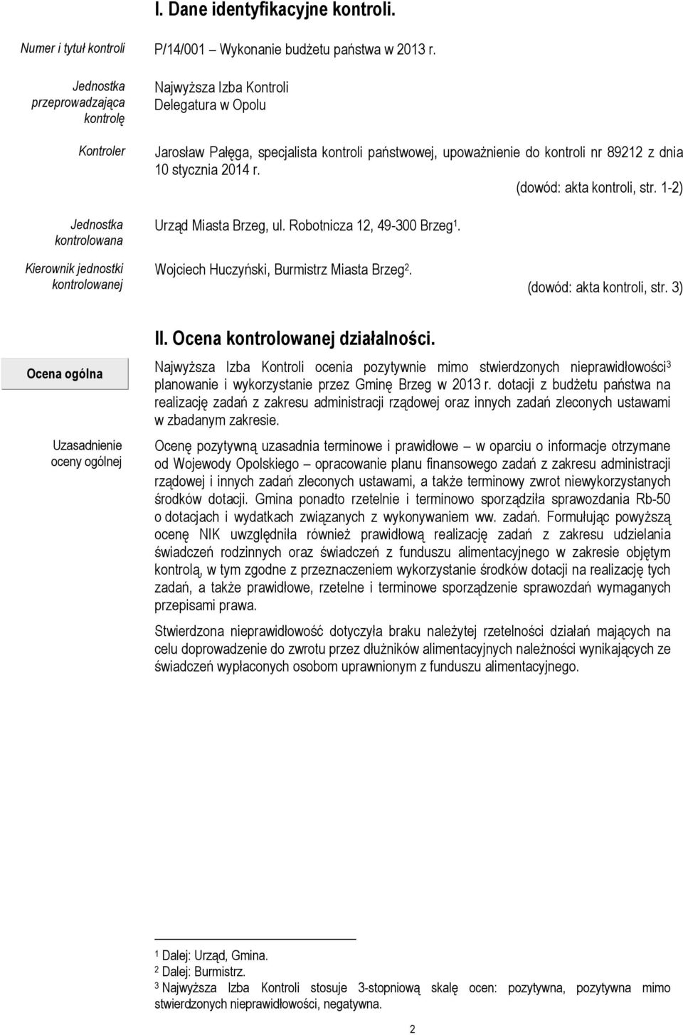 dnia 10 stycznia 2014 r. (dowód: akta kontroli, str. 1-2) Urząd Miasta Brzeg, ul. Robotnicza 12, 49-300 Brzeg 1. Kierownik jednostki kontrolowanej Wojciech Huczyński, Burmistrz Miasta Brzeg 2.