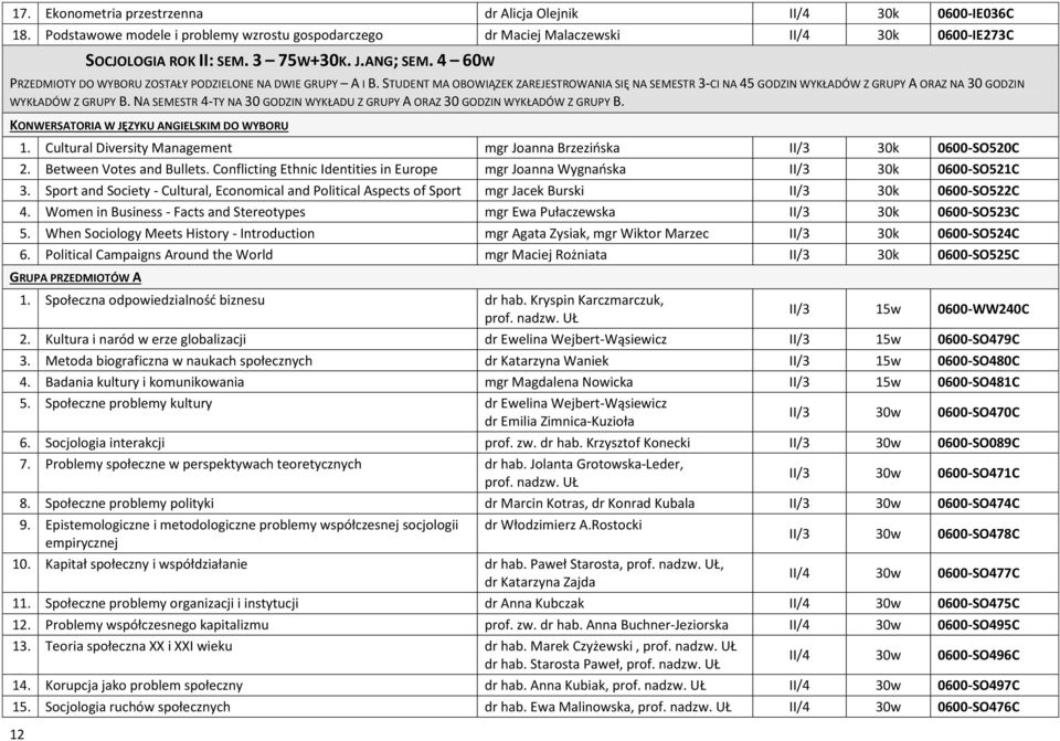 STUDENT MA OBOWIĄZEK ZAREJESTROWANIA SIĘ NA SEMESTR 3-CI NA 45 GODZIN WYKŁADÓW Z GRUPY A ORAZ NA 30 GODZIN WYKŁADÓW Z GRUPY B.