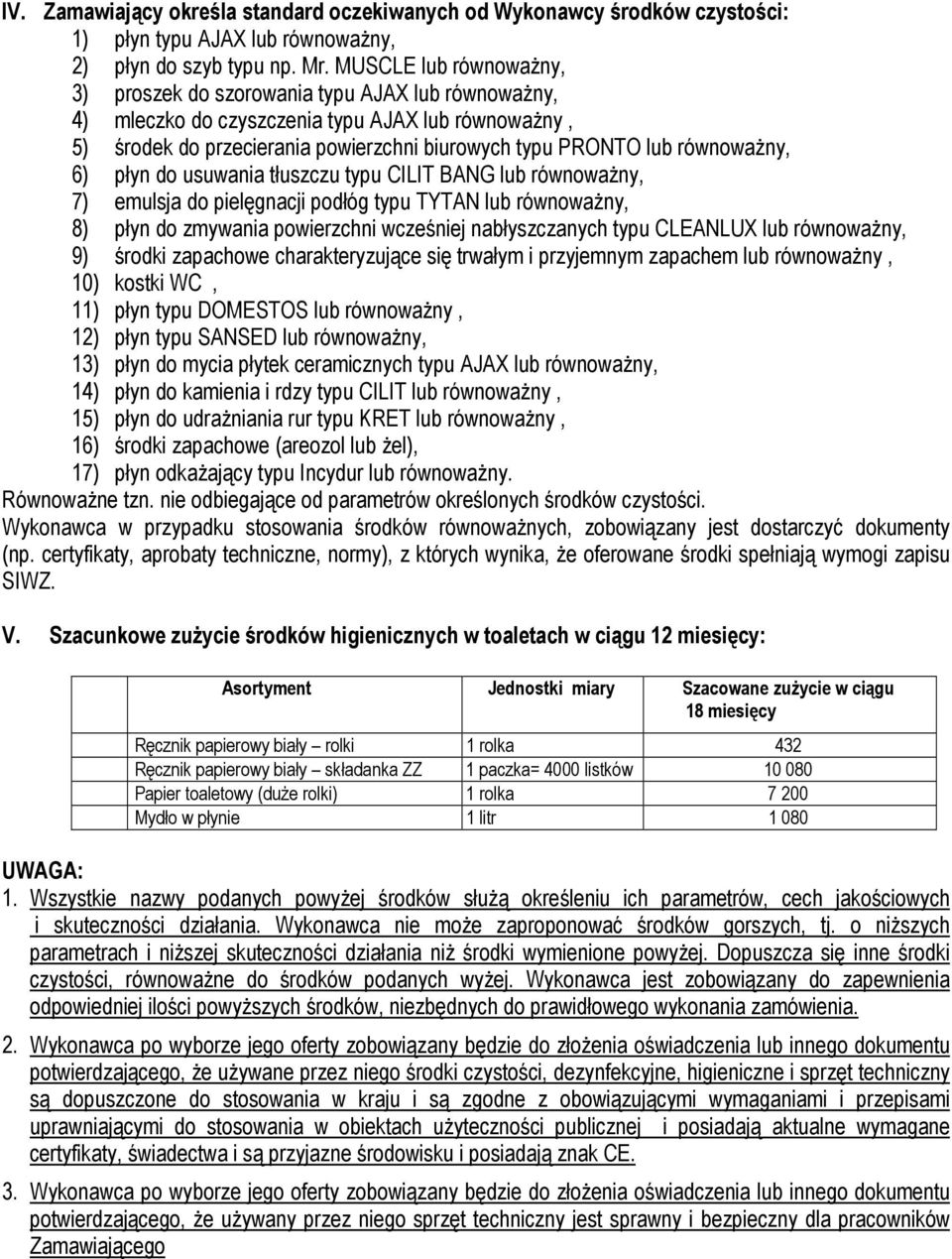 6) płyn do usuwania tłuszczu typu CILIT BANG lub równoważny, 7) emulsja do pielęgnacji podłóg typu TYTAN lub równoważny, 8) płyn do zmywania powierzchni wcześniej nabłyszczanych typu CLEANLU lub