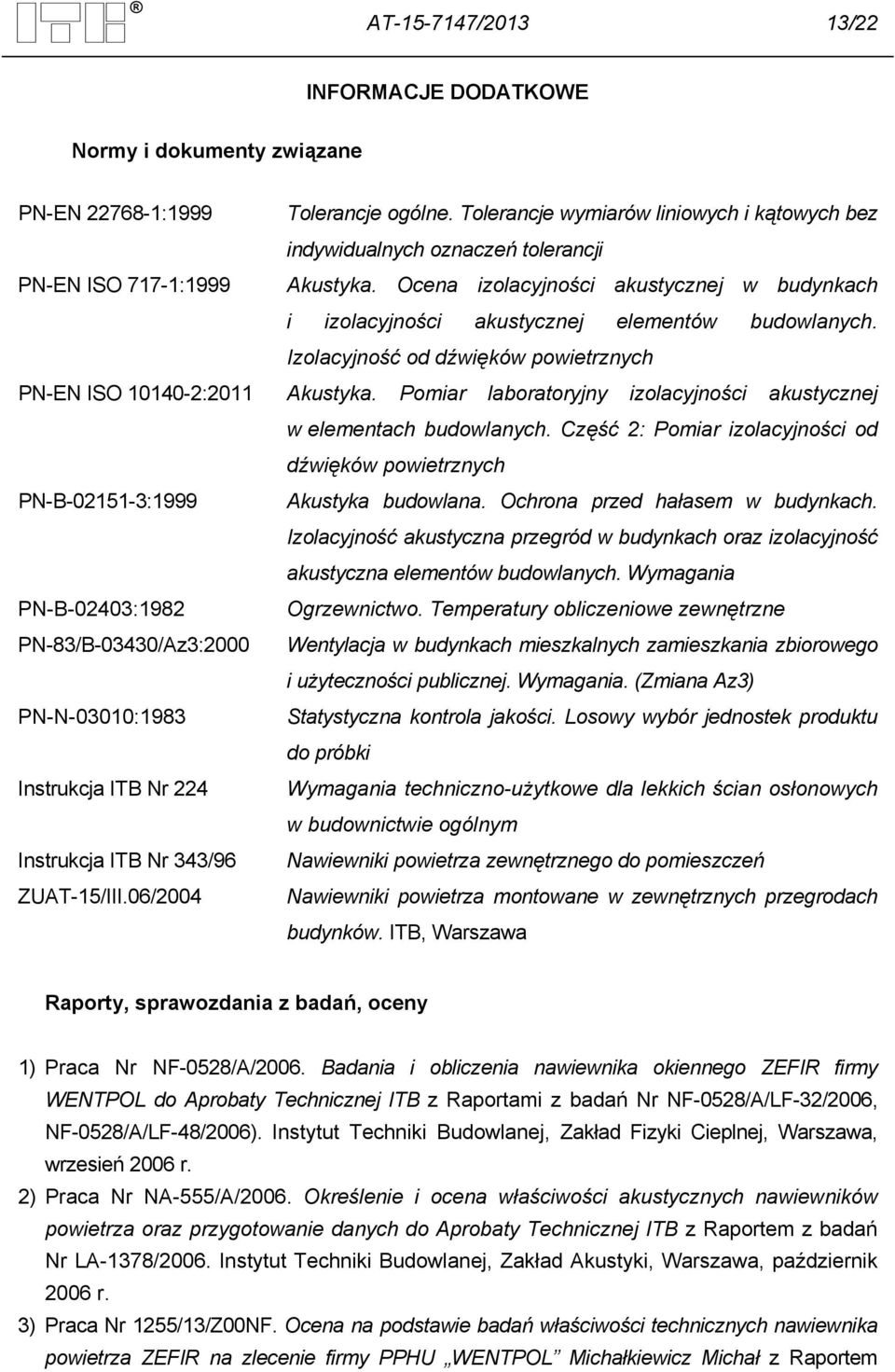 Ocena izolacyjności akustycznej w budynkach i izolacyjności akustycznej elementów budowlanych. Izolacyjność od dźwięków powietrznych PN-EN ISO 10140-2:2011 Akustyka.