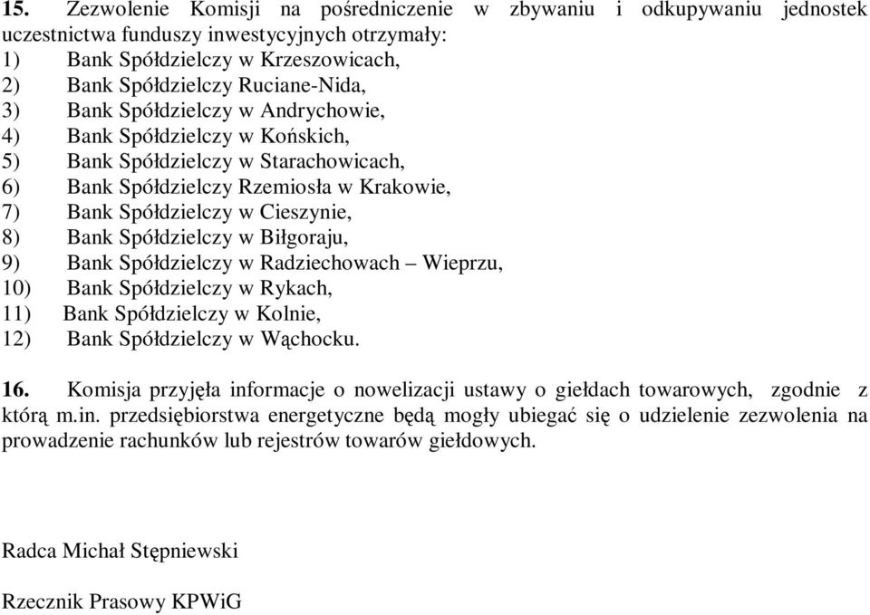 Spółdzielczy w Biłgoraju, 9) Bank Spółdzielczy w Radziechowach Wieprzu, 10) Bank Spółdzielczy w Rykach, 11) Bank Spółdzielczy w Kolnie, 12) Bank Spółdzielczy w Wą chocku. 16.