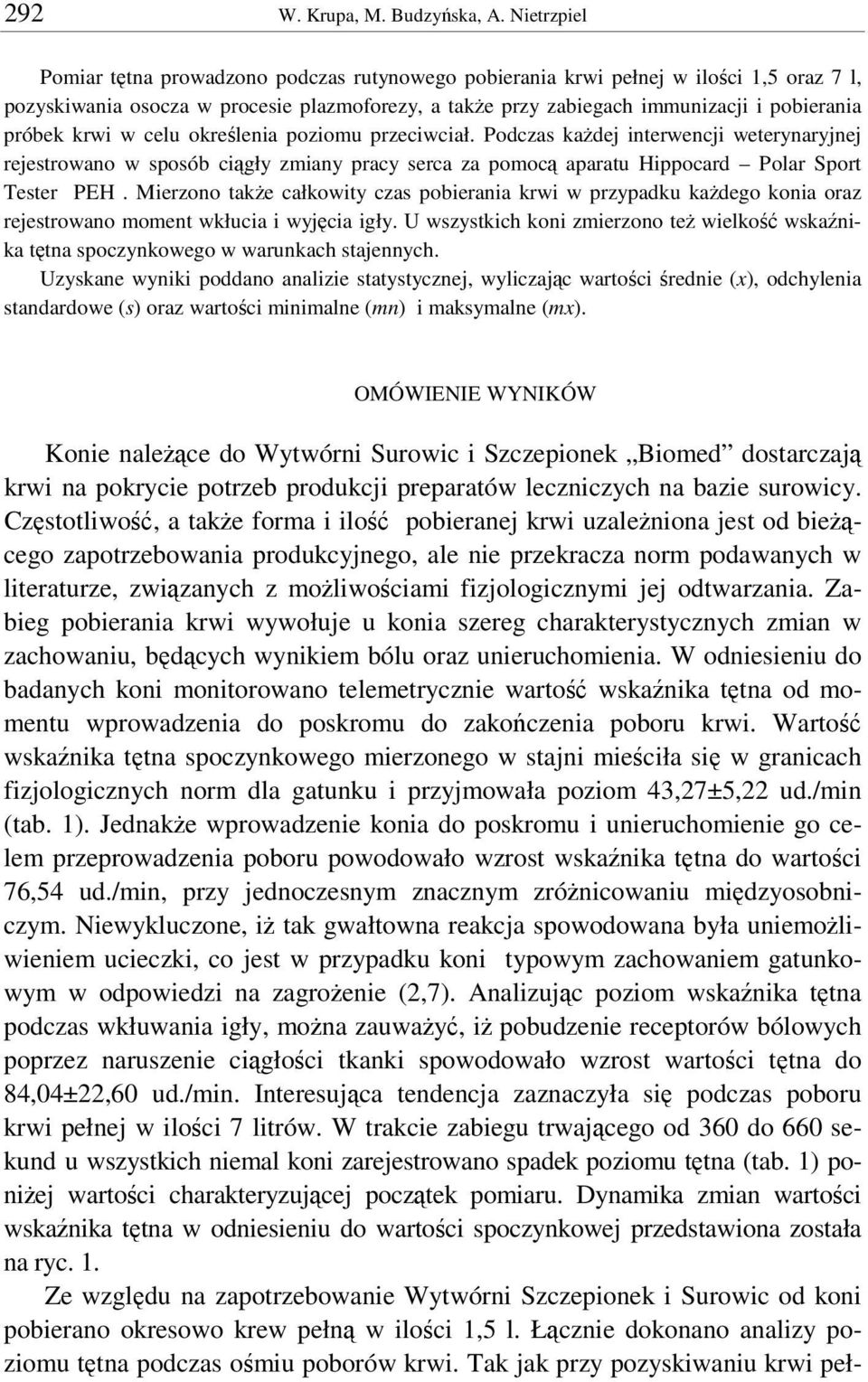 krwi w celu okrelenia poziomu przeciwciał. Podczas kadej interwencji weterynaryjnej rejestrowano w sposób cigły zmiany pracy serca za pomoc aparatu Hippocard Polar Sport Tester PEH.