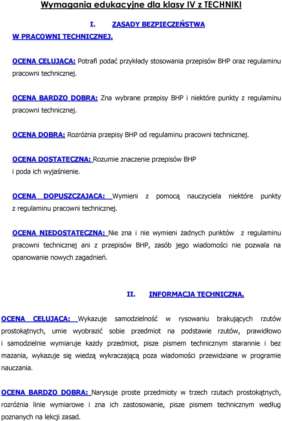 OCENA DOSTATECZNA: Rozumie znaczenie przepisów BHP i poda ich wyjaśnienie. OCENA DOPUSZCZAJĄCA: Wymieni z pomocą nauczyciela niektóre punkty z regulaminu pracowni technicznej.