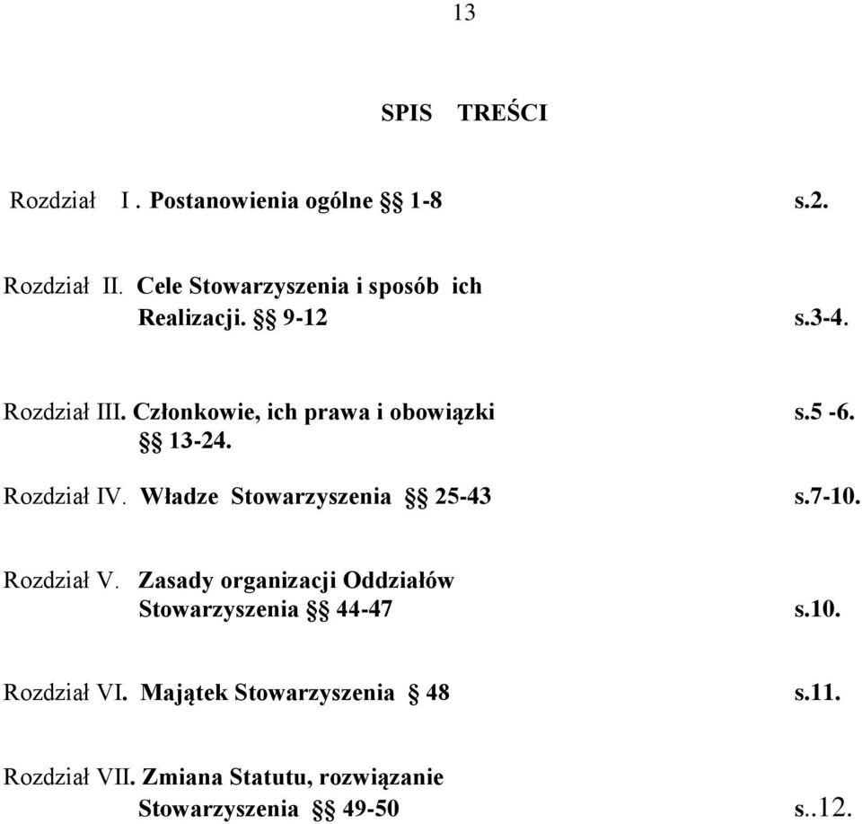 Członkowie, ich prawa i obowiązki s.5-6. 13-24. Rozdział IV. Władze Stowarzyszenia 25-43 s.7-10.