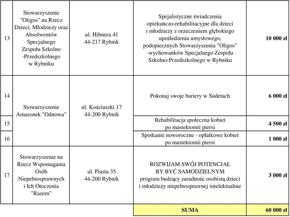 Specjalnego Zespołu Szkolno-Przedszkolnego 10 000 zł 14 Pokonaj swoje bariery w Sudetach 6 000 zł 15 16 Amazonek "Odnowa" ul.