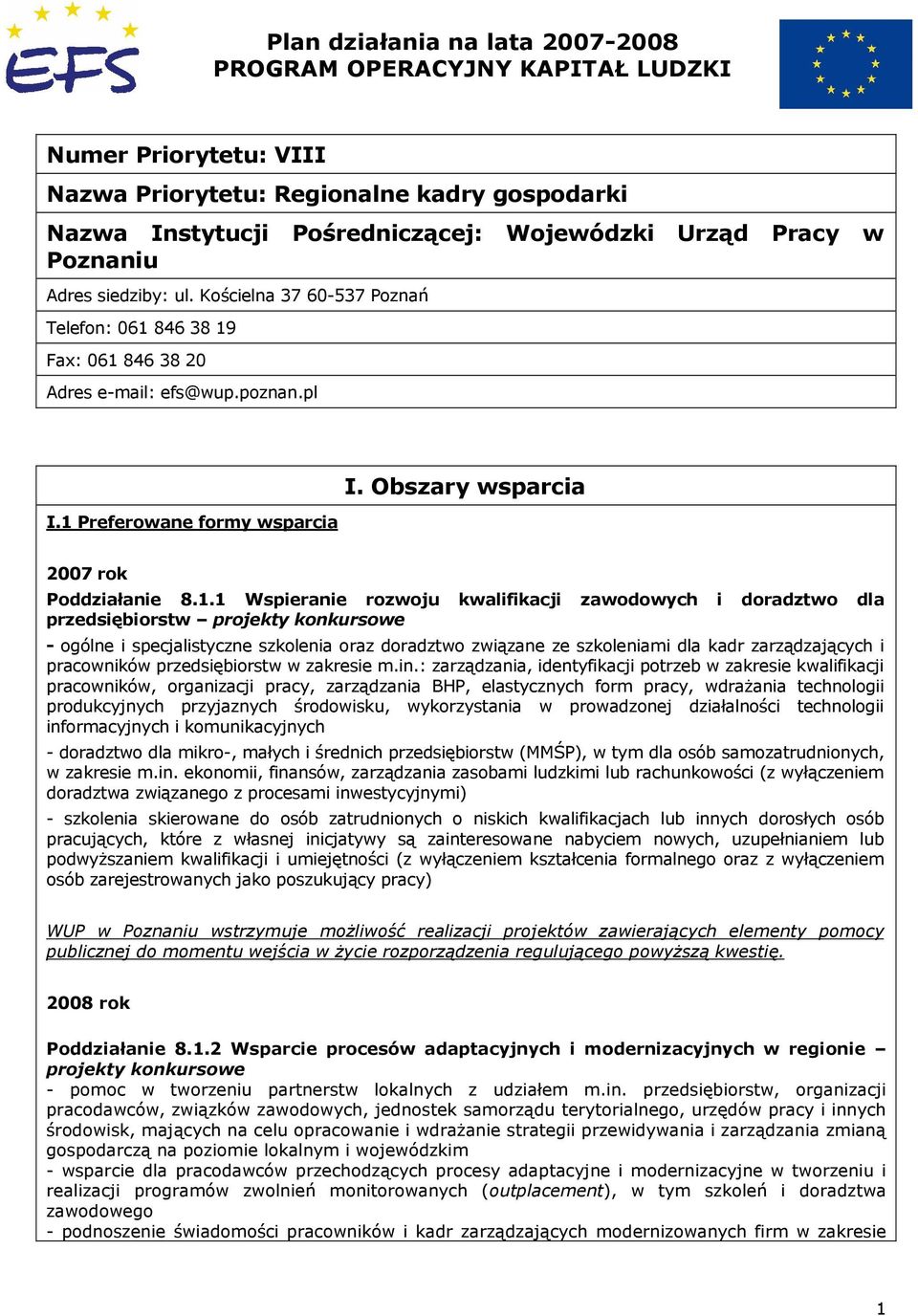 Obszary wsparcia 2007 rok Poddziałanie 8.1.