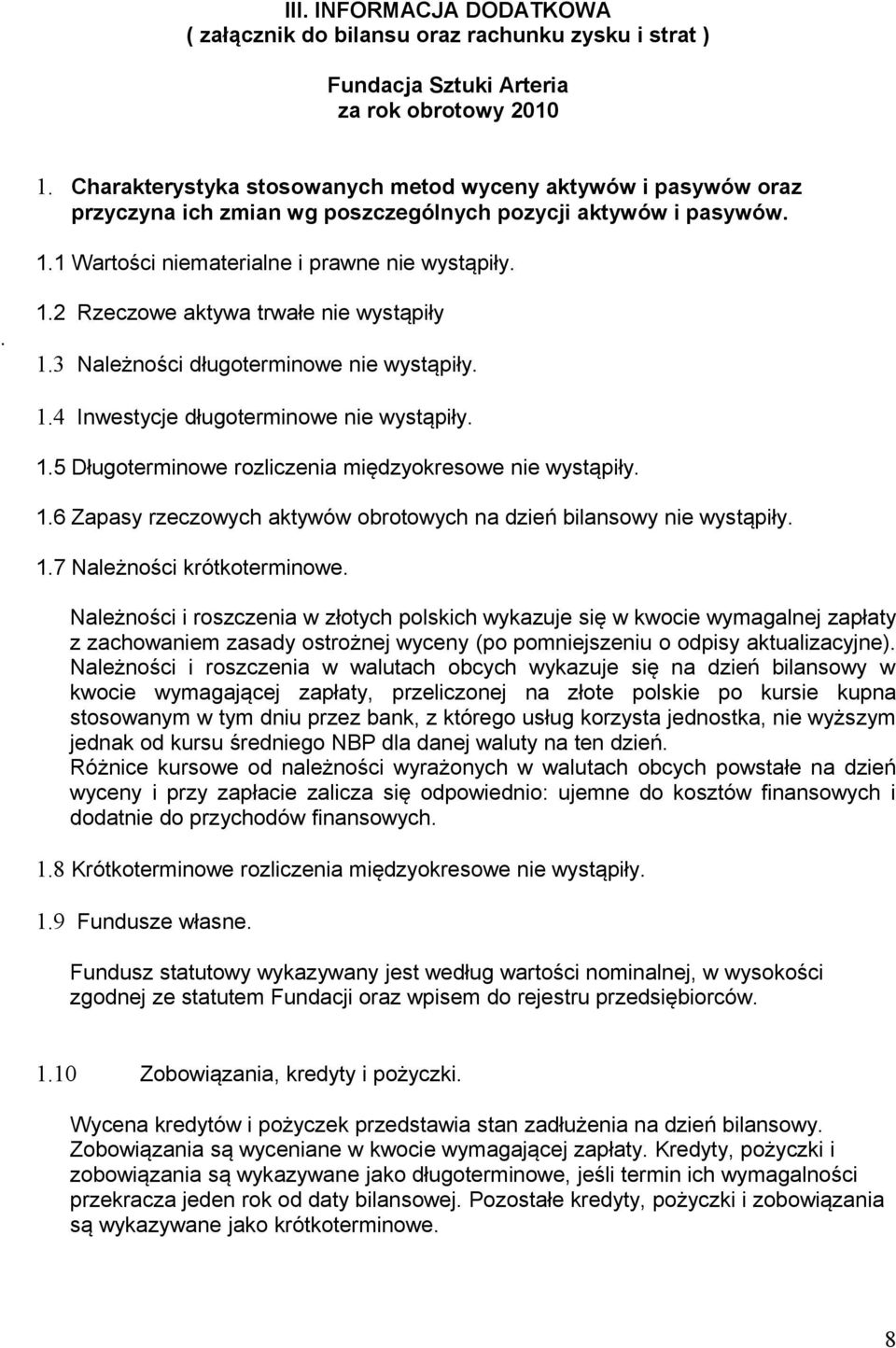 3 Należności długoterminowe nie wystąpiły. 1.4 Inwestycje długoterminowe nie wystąpiły. 1.5 Długoterminowe rozliczenia międzyokresowe nie wystąpiły. 1.6 Zapasy rzeczowych aktywów obrotowych na dzień bilansowy nie wystąpiły.