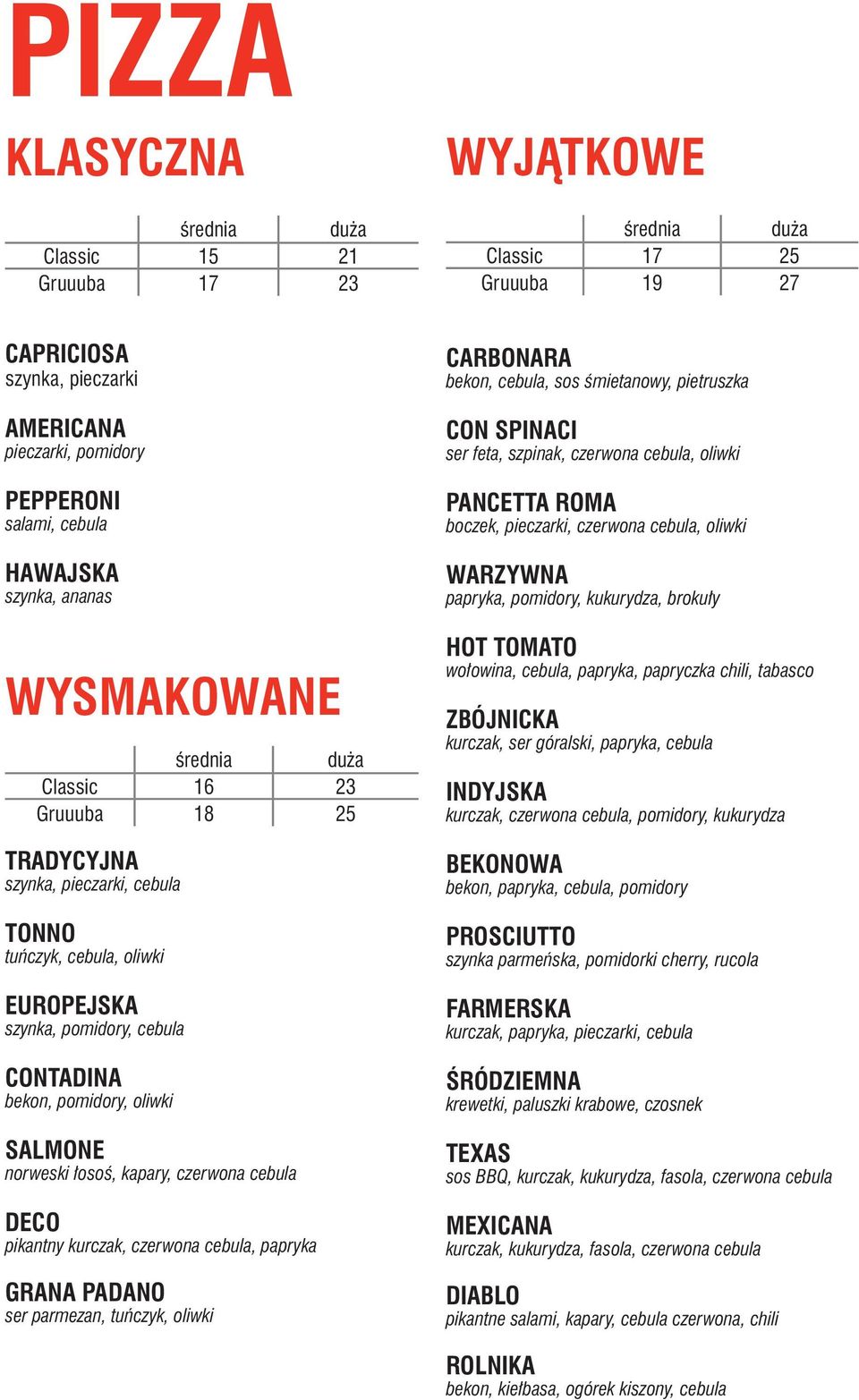 pomidory, oliwki SALMONE norweski łosoś, kapary, czerwona cebula DECO pikantny kurczak, czerwona cebula, papryka GRANA PADANO ser parmezan, tuńczyk, oliwki CARBONARA bekon, cebula, sos śmietanowy,