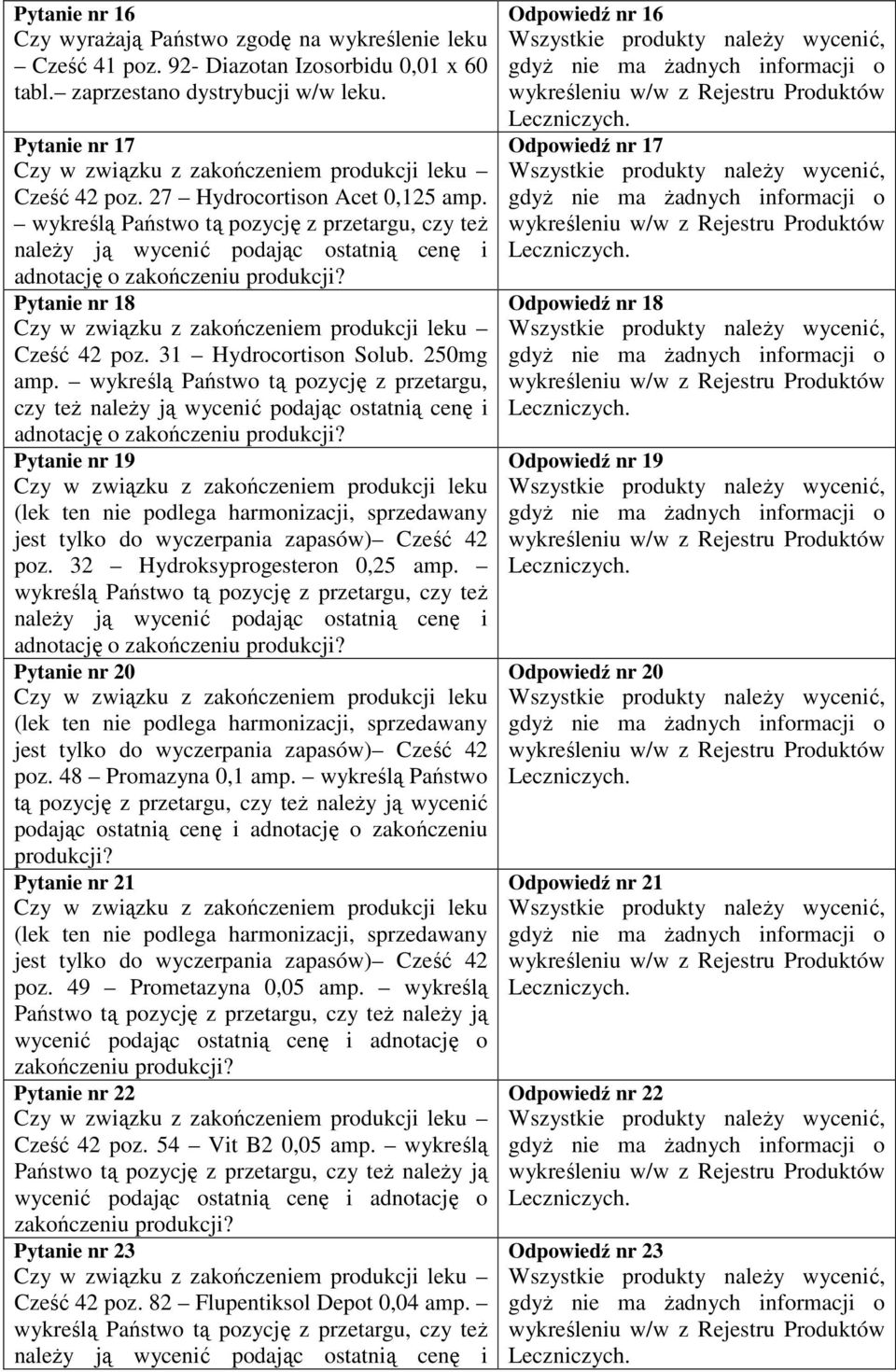 wykreślą Państwo tą pozycję z przetargu, czy też należy ją wycenić podając ostatnią cenę i adnotację o zakończeniu produkcji? Pytanie nr 18 Czy w związku z zakończeniem produkcji leku Cześć 42 poz.