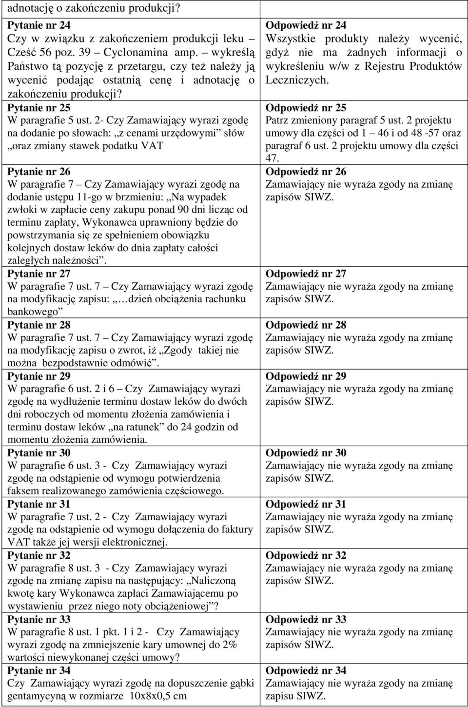 2- Czy Zamawiający wyrazi zgodę na dodanie po słowach: z cenami urzędowymi słów oraz zmiany stawek podatku VAT Pytanie nr 26 W paragrafie 7 Czy Zamawiający wyrazi zgodę na dodanie ustępu 11-go w
