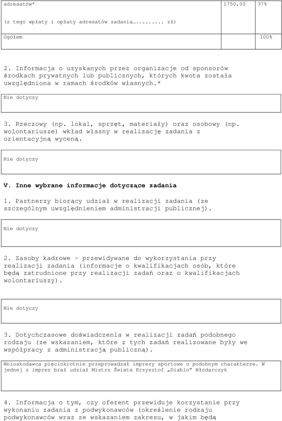 lokal, sprzęt, materiały) oraz osobowy (np. wolontariusze) wkład własny w realizację zadania z orientacyjną wyceną. V. Inne wybrane informacje dotyczące zadania 1.