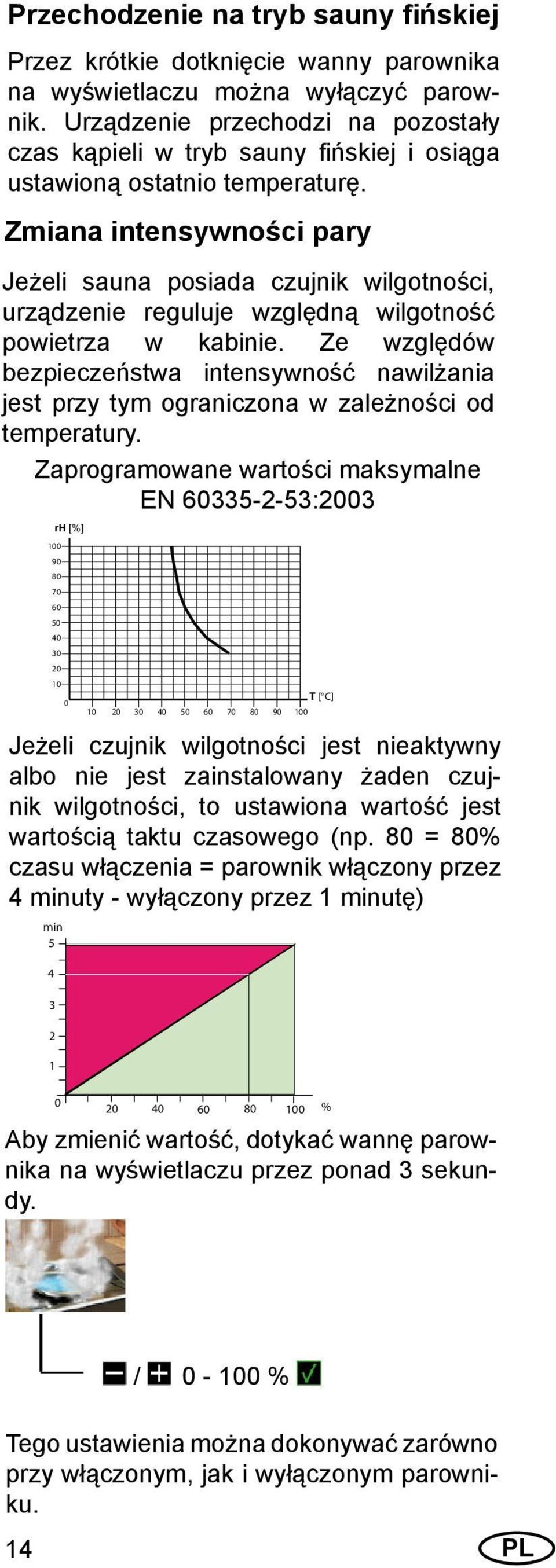 Zmiana intensywności pary Jeżeli sauna posiada czujnik wilgotności, urządzenie reguluje względną wilgotność powietrza w kabinie.