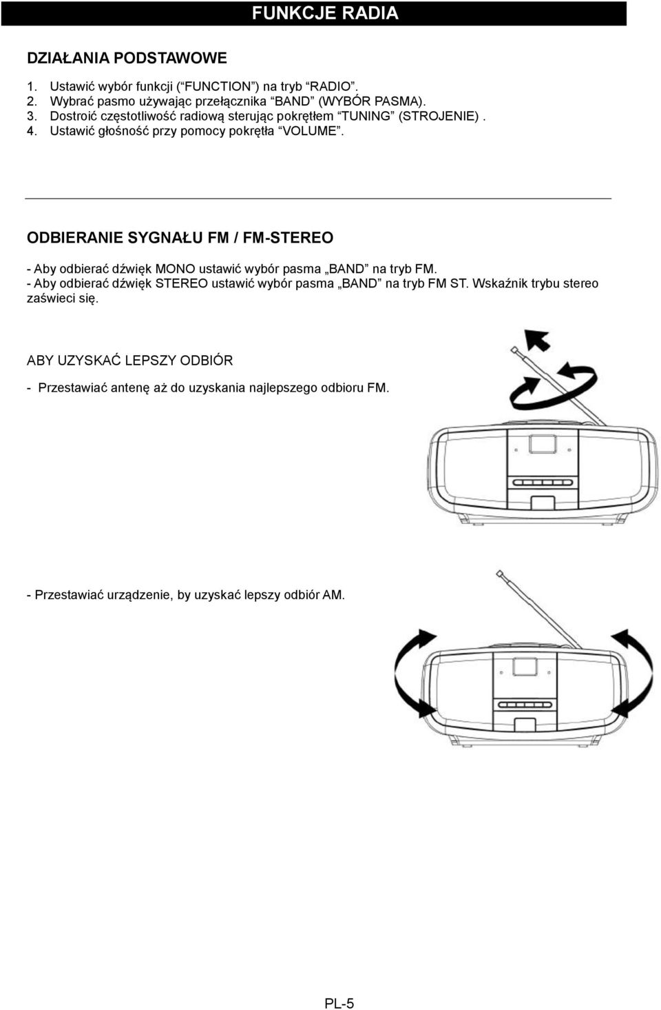 ODBIERANIE SYGNAŁU FM / FM-STEREO - Aby odbierać dźwięk MONO ustawić wybór pasma BAND na tryb FM.