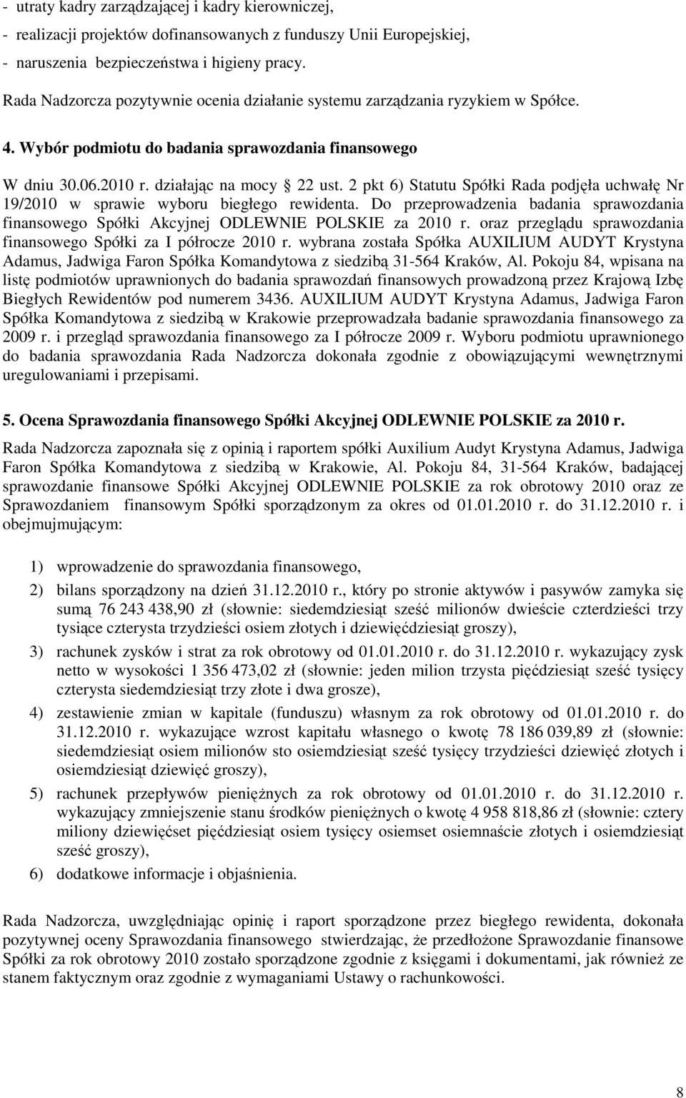2 pkt 6) Statutu Spółki Rada podjła uchwał Nr 19/2010 w sprawie wyboru biegłego rewidenta. Do przeprowadzenia badania sprawozdania finansowego Spółki Akcyjnej ODLEWNIE POLSKIE za 2010 r.