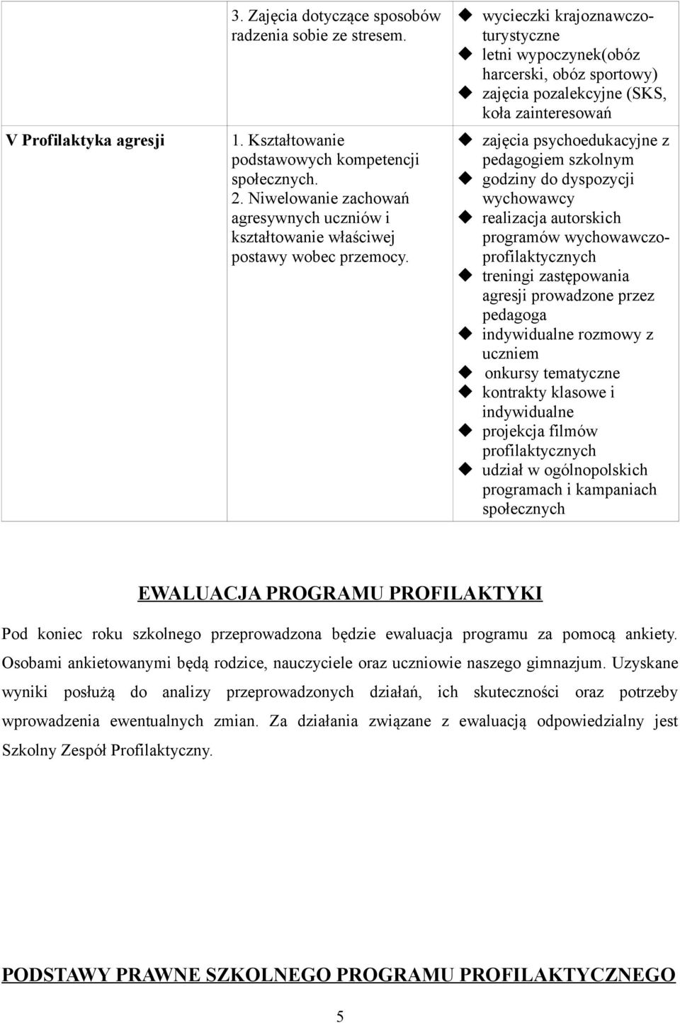 wycieczki krajoznawczoturystyczne letni wypoczynek(obóz harcerski, obóz sportowy) zajęcia pozalekcyjne (SKS, koła zainteresowań zajęcia psychoedukacyjne z pedagogiem szkolnym realizacja autorskich