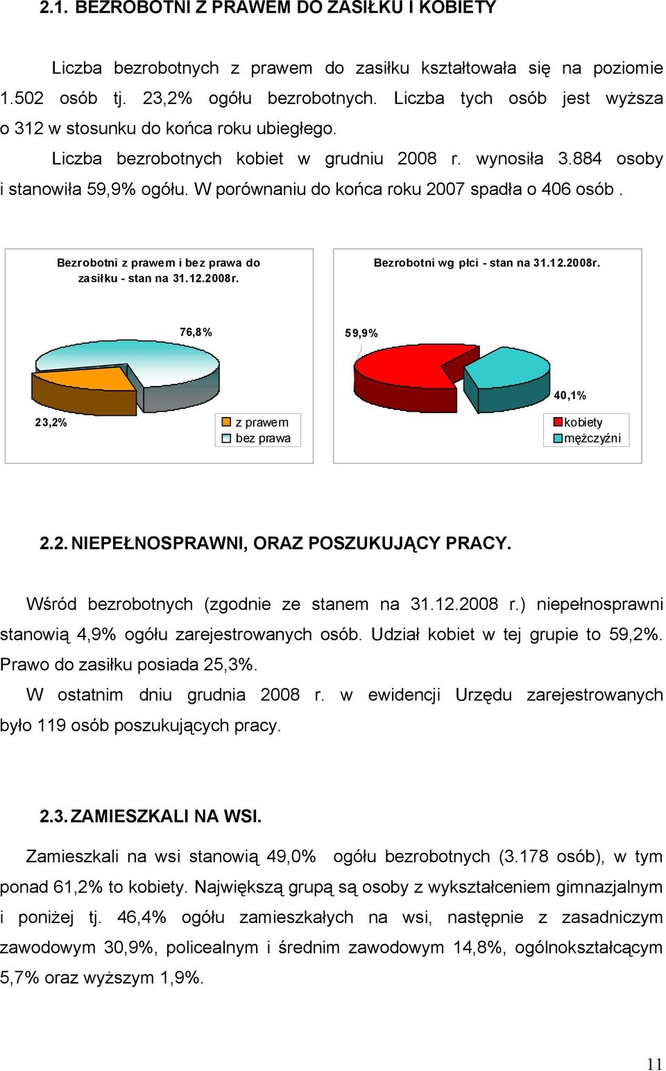 W porównaniu do końca roku 2007 spadła o 406 osób. Bezrobotni z prawem i bez prawa do zasiłku - stan na 31.12.2008r. Bezrobotni wg płci - stan na 31.12.2008r. 76,8% 59,9% 23,2% z prawem bez prawa 40,1% kobiety mężczyźni 2.