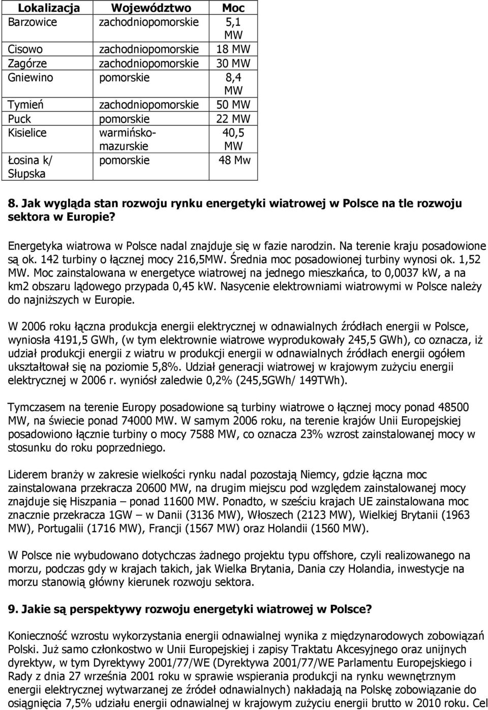 Energetyka wiatrowa w Polsce nadal znajduje się w fazie narodzin. Na terenie kraju posadowione są ok. 142 turbiny o łącznej mocy 216,5MW. Średnia moc posadowionej turbiny wynosi ok. 1,52 MW.