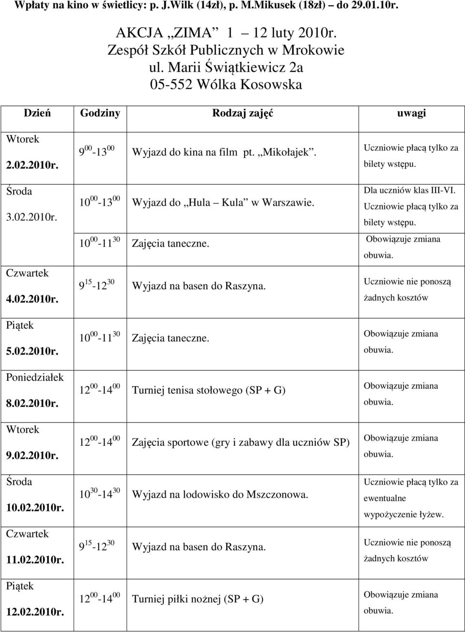 10 00-13 00 Wyjazd do Hula Kula w Warszawie. 10 00-11 30 Zajęcia taneczne.