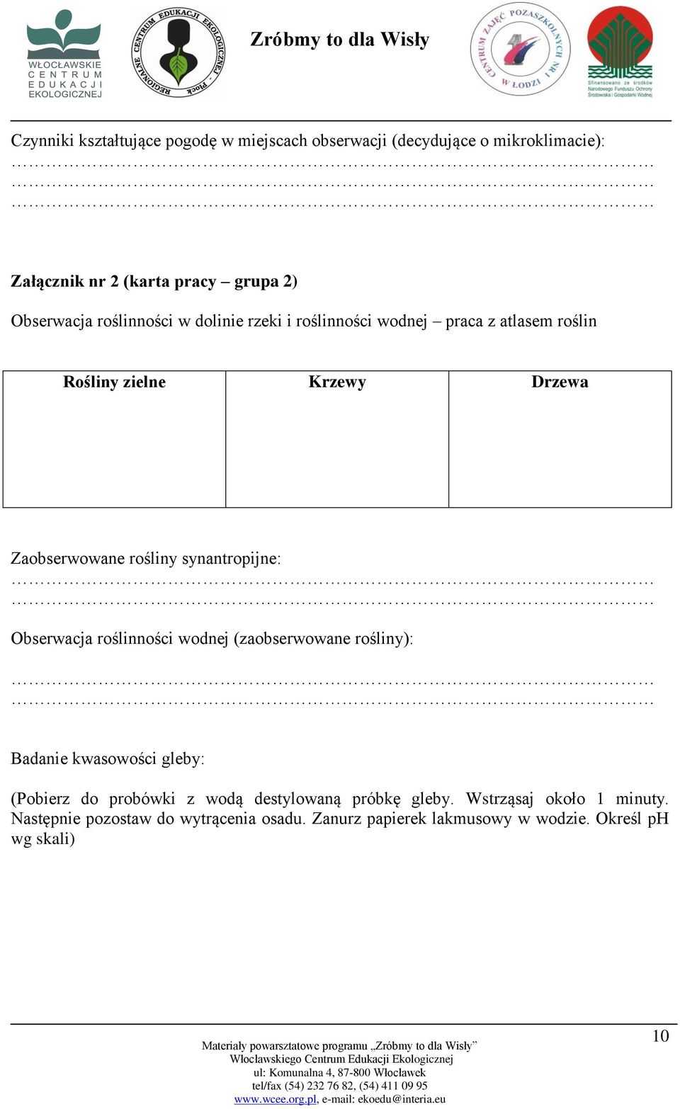 synantropijne: Obserwacja roślinności wodnej (zaobserwowane rośliny): Badanie kwasowości gleby: (Pobierz do probówki z wodą