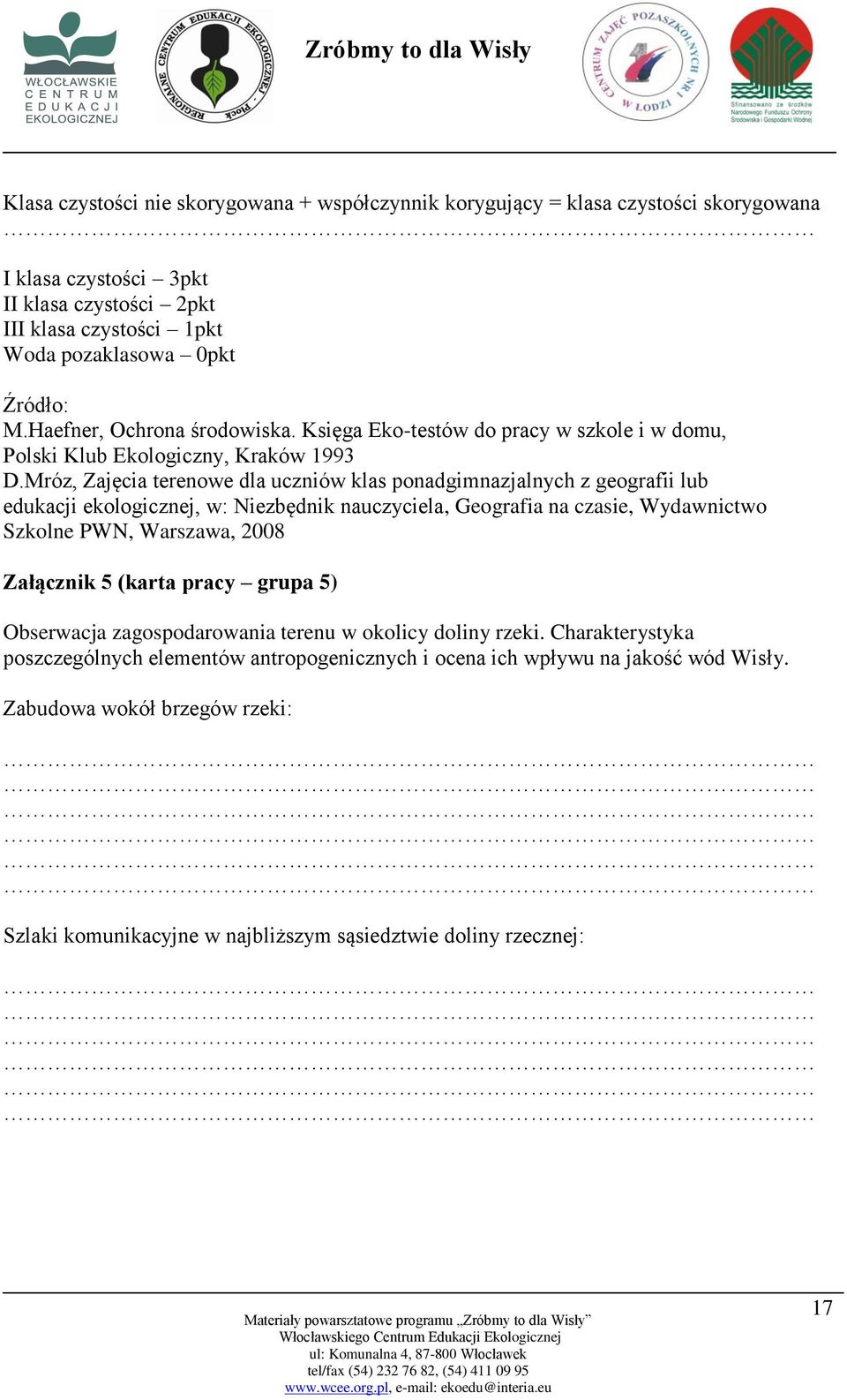 Mróz, Zajęcia terenowe dla uczniów klas ponadgimnazjalnych z geografii lub edukacji ekologicznej, w: Niezbędnik nauczyciela, Geografia na czasie, Wydawnictwo Szkolne PWN, Warszawa, 2008