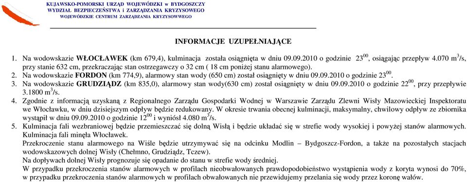 09.2010 o godzinie 23 00. 3. Na wodowskazie GRUDZIĄDZ (km 835,0), alarmowy stan wody(630 cm) został osiągnięty w dniu 09.09.2010 o godzinie 22 00, przy przepływie 3.1800 m 3 /s. 4.