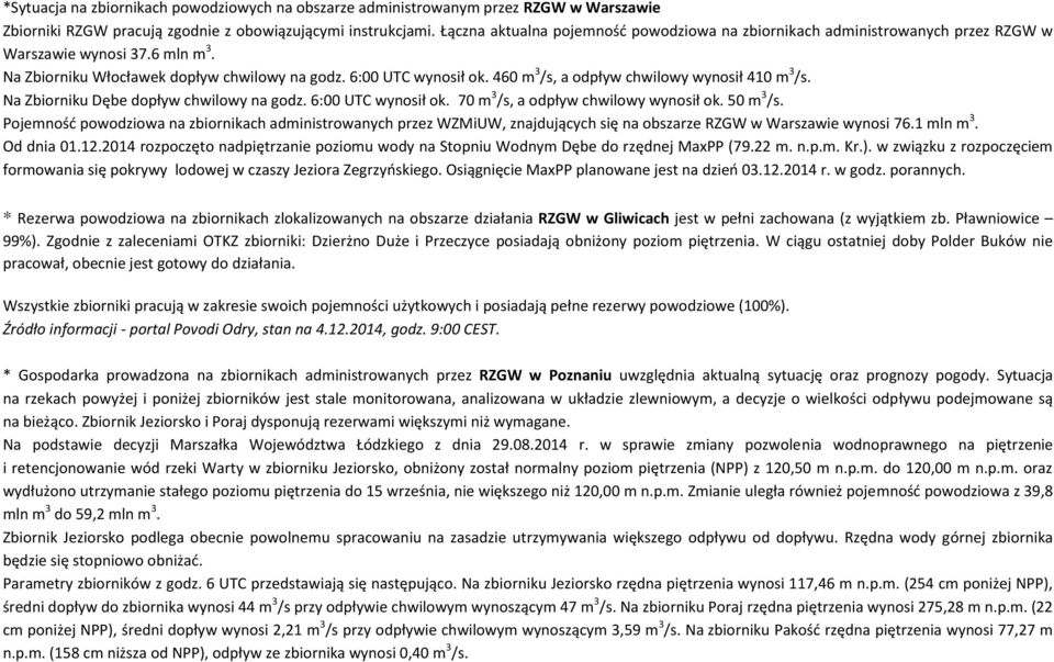 460 m 3 /s, a odpływ chwilowy wynosił 410 m 3 /s. Na Zbiorniku Dębe dopływ chwilowy na godz. 6:00 UTC wynosił ok. 70 m 3 /s, a odpływ chwilowy wynosił ok. 50 m 3 /s.