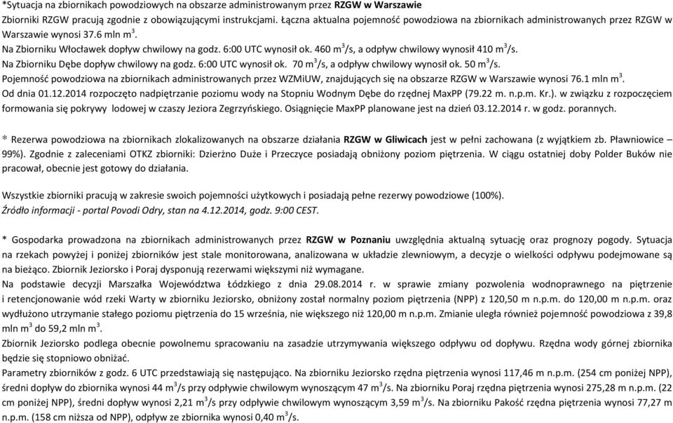 460 m 3 /s, a odpływ chwilowy wynosił 410 m 3 /s. Na Zbiorniku Dębe dopływ chwilowy na godz. 6:00 UTC wynosił ok. 70 m 3 /s, a odpływ chwilowy wynosił ok. 50 m 3 /s.