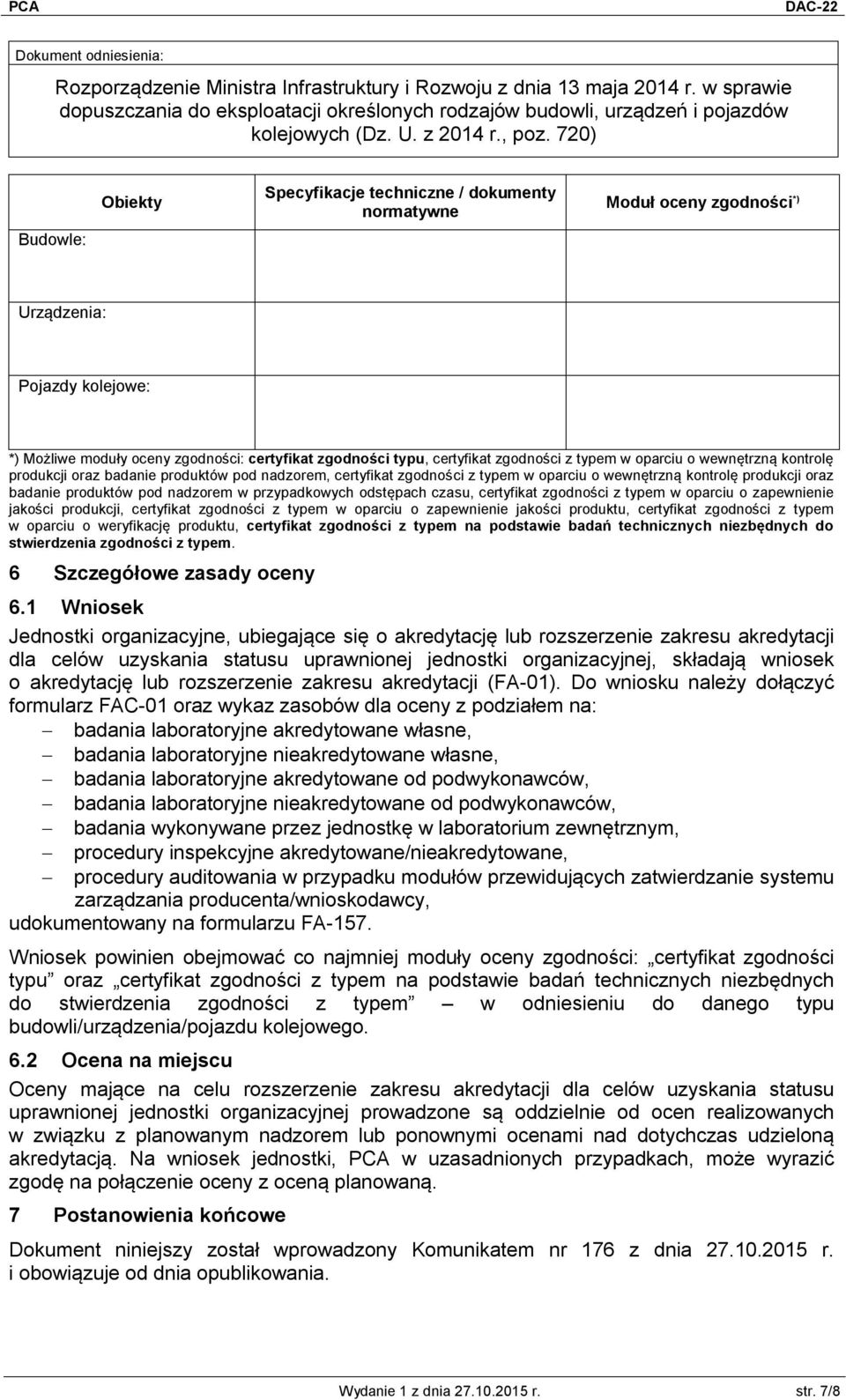 720) Budowle: Obiekty Specyfikacje techniczne / dokumenty normatywne Moduł oceny zgodności *) Urządzenia: Pojazdy kolejowe: *) Możliwe moduły oceny zgodności: certyfikat zgodności typu, certyfikat