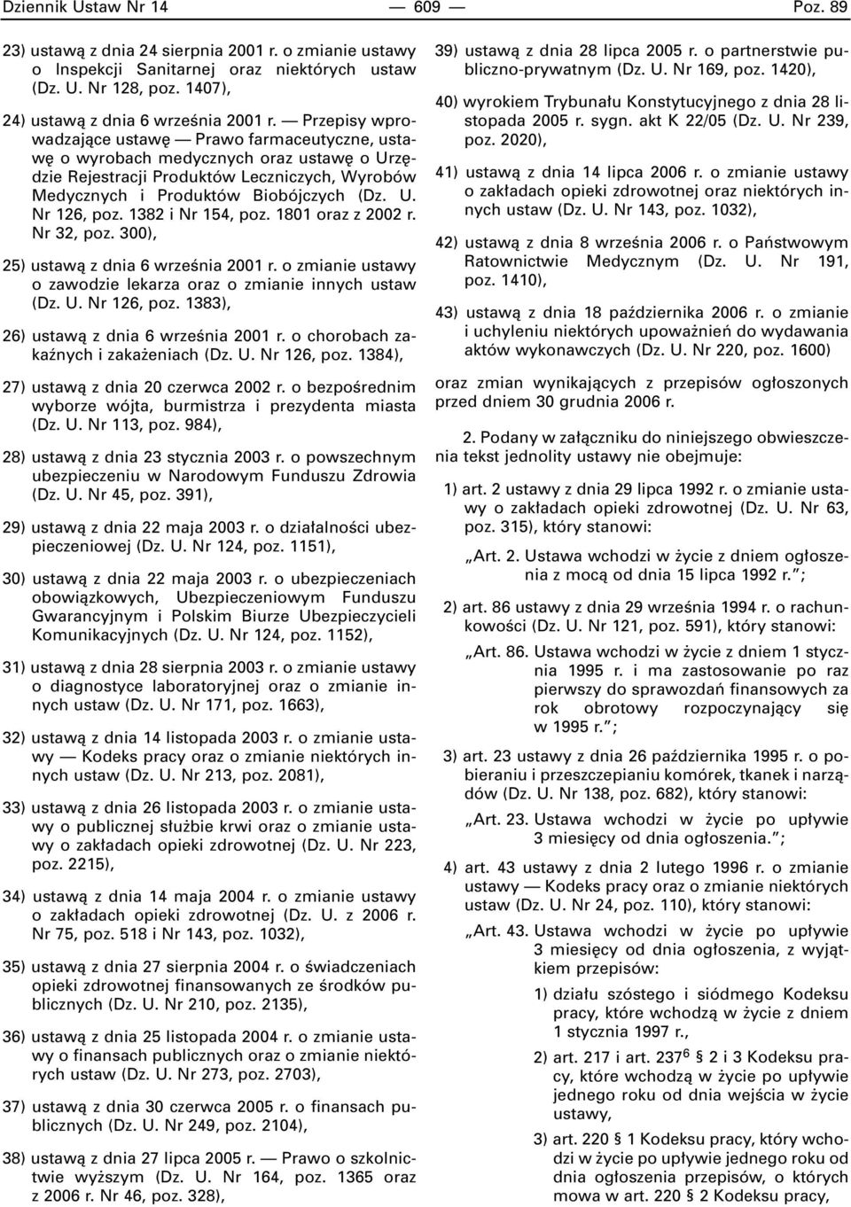 1382 i Nr 154, poz. 1801 oraz z 2002 r. Nr 32, poz. 300), 25) ustawà z dnia 6 wrzeênia 2001 r. o zmianie ustawy o zawodzie lekarza oraz o zmianie innych ustaw (Dz. U. Nr 126, poz.