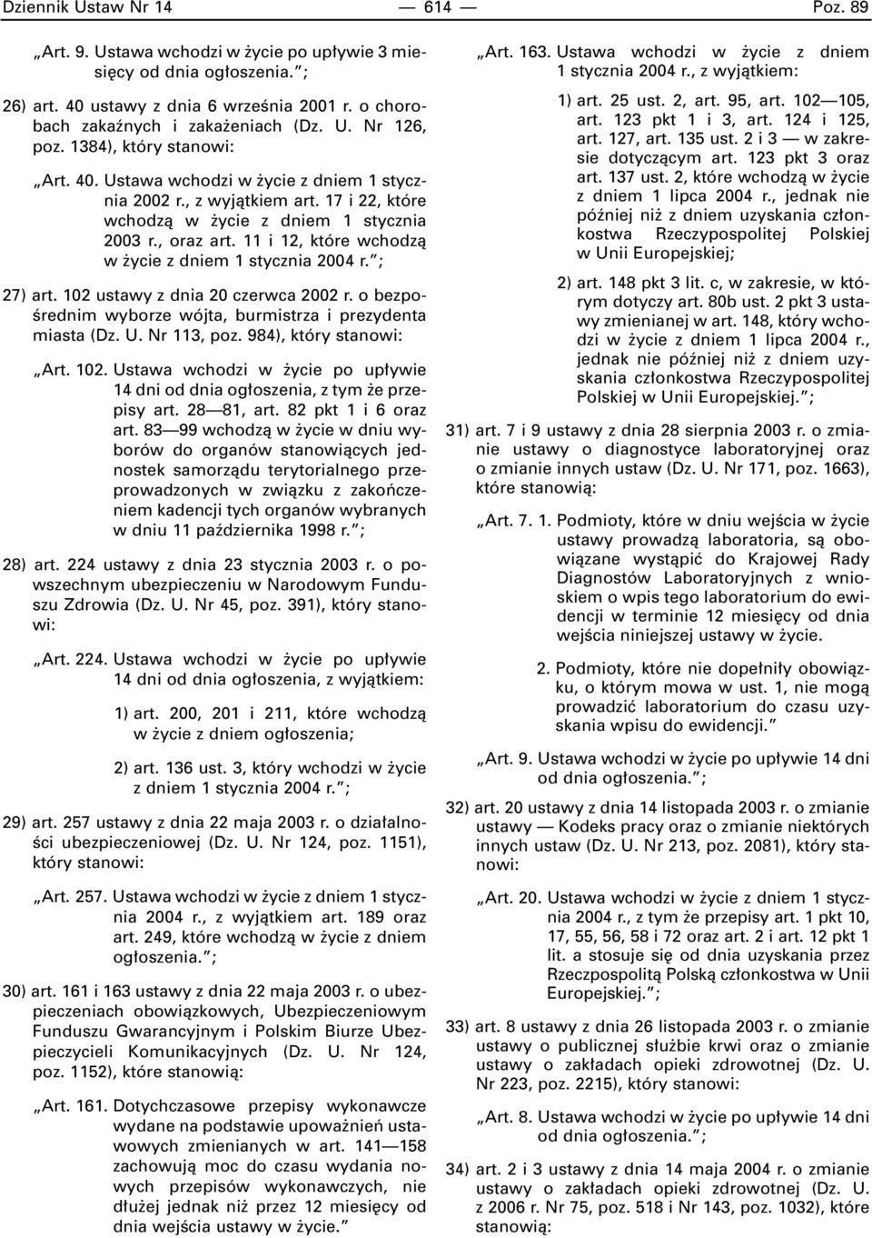 11 i 12, które wchodzà w ycie z dniem 1 stycznia 2004 r. ; 27) art. 102 ustawy z dnia 20 czerwca 2002 r. o bezpo- Êrednim wyborze wójta, burmistrza i prezydenta miasta (Dz. U. Nr 113, poz.