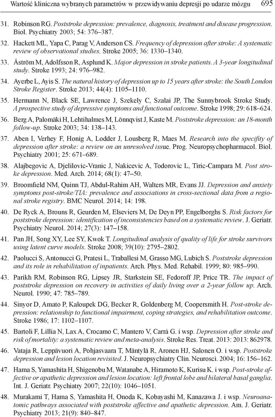 Åström M, Adolfsson R, Asplund K. Major depression in stroke patients. A 3-year longitudinal study. Stroke 1993; 24: 976 982. 34. Ayerbe L, Ayis S.
