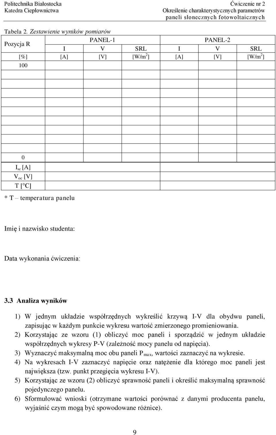 wykonania ćwiczenia: 3.3 Analiza wyników 1) W jednym układzie współrzędnych wykreślić krzywą I-V dla obydwu paneli, zapisując w każdym punkcie wykresu wartość zmierzonego promieniowania.